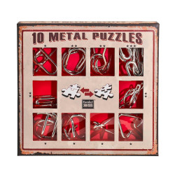 Puzzle mecanic, joc de logica, set 10 provocari 3D, Eureka, metal, argintiu + rosu, 8+ ani, 17.5 x 2.3 x 16.5 cm