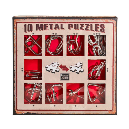 Puzzle mecanic, joc de logica, set 10 provocari 3D, Eureka, metal, argintiu + rosu, 8+ ani, 17.5 x 2.3 x 16.5 cm