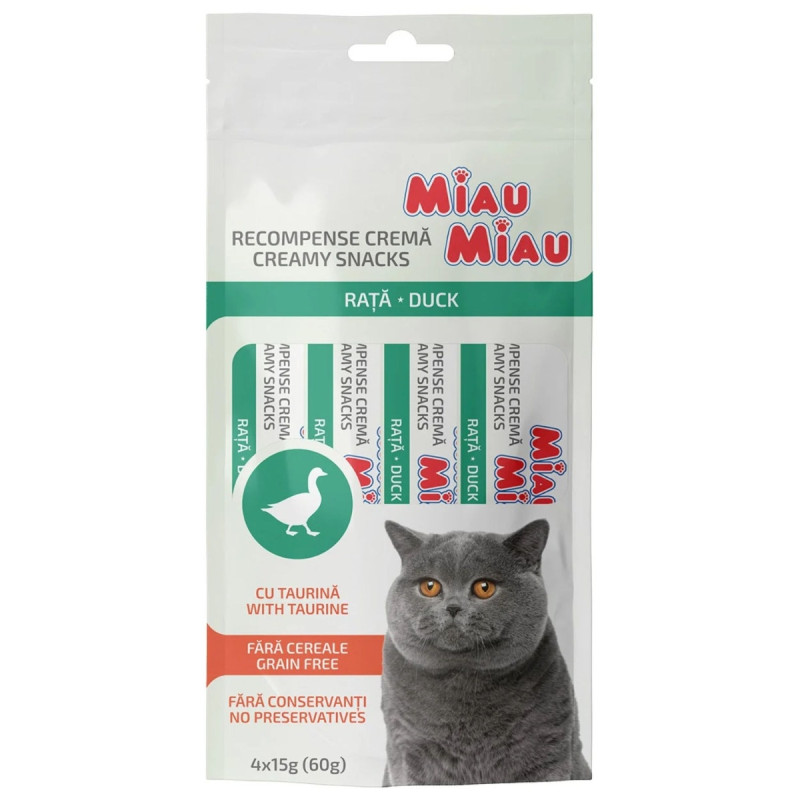 Recompensa pisici / hrana complementara, Miau Miau Creamy Snacks, carne de rata, 4 x 15 g Recompensa pisici / hrana complementara, Miau Miau Creamy Snacks, carne de rata, 4 x 15 g