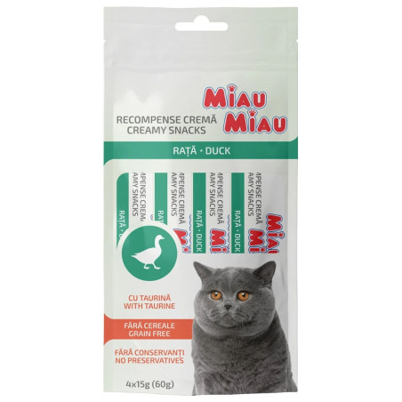 Recompensa pisici / hrana complementara, Miau Miau Creamy Snacks, carne de rata, 4 x 15 g