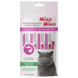 Recompensa pisici / hrana complementara, Miau Miau Creamy Snacks, somon, carne de rata, 4 x 15 g