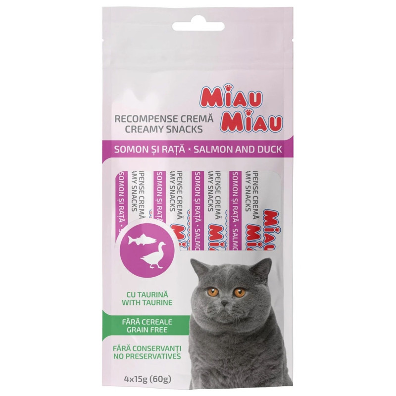 Recompensa pisici / hrana complementara, Miau Miau Creamy Snacks, somon, carne de rata, 4 x 15 g Recompensa pisici / hrana complementara, Miau Miau Creamy Snacks, somon, carne de rata, 4 x 15 g
