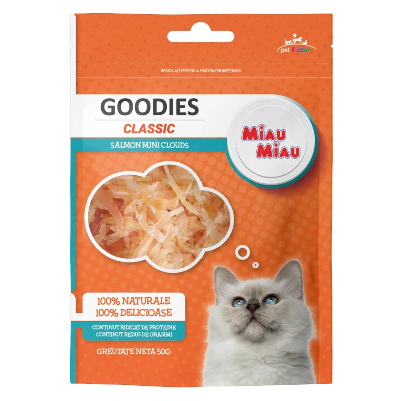 Recompensa pisici / hrana complementara, Miau Miau Goodies, adult si junior, somon, 50 g Recompensa pisici / hrana complementara, Miau Miau Goodies, adult si junior, somon, 50 g