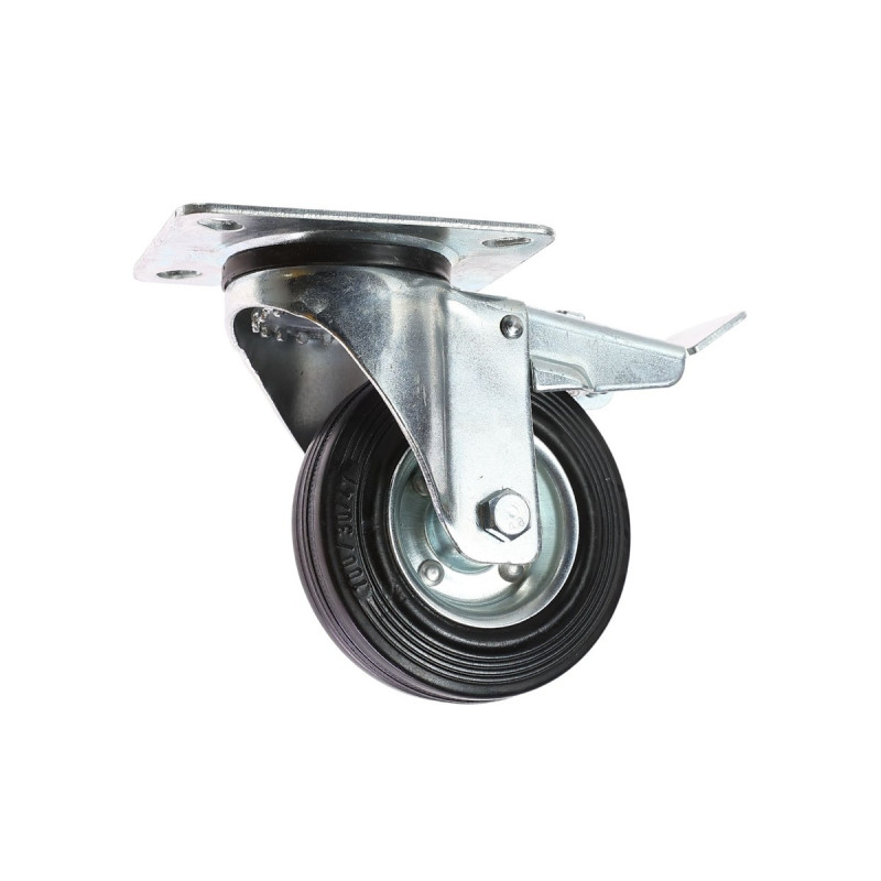 Roata pivotanta, din cauciuc, cu frana, cu placa, 100 mm, 70 kg Roata pivotanta, din cauciuc, cu frana, cu placa, 100 mm, 70 kg