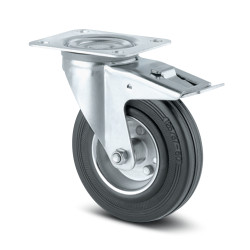 Roata pivotanta, din otel + cauciuc, cu frana, cu placa, 125 mm, 100 kg