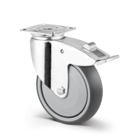 Roata pivotanta, pentru carucior, din cauciuc, cu frana, Tente 2477-PJP125-P50, cu placa, 125 mm, 100 kg