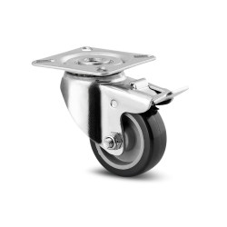 Roata pivotanta pentru carucior / mobila, din polipropilena + cauciuc, cu frana, cu placa, 50 mm, 40 kg