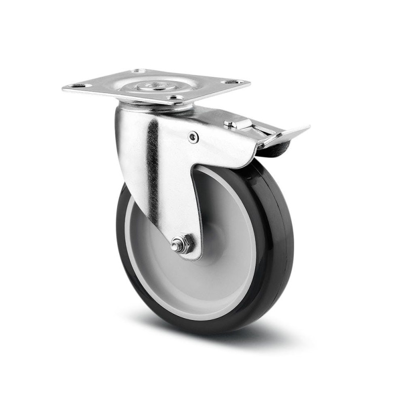 Roata pivotanta pentru carucior / mobila, din polipropilena + cauciuc, cu frana, cu placa, 75 mm, 60 kg Roata pivotanta pentru carucior / mobila, din polipropilena + cauciuc, cu frana, cu placa, 75 mm, 60 kg