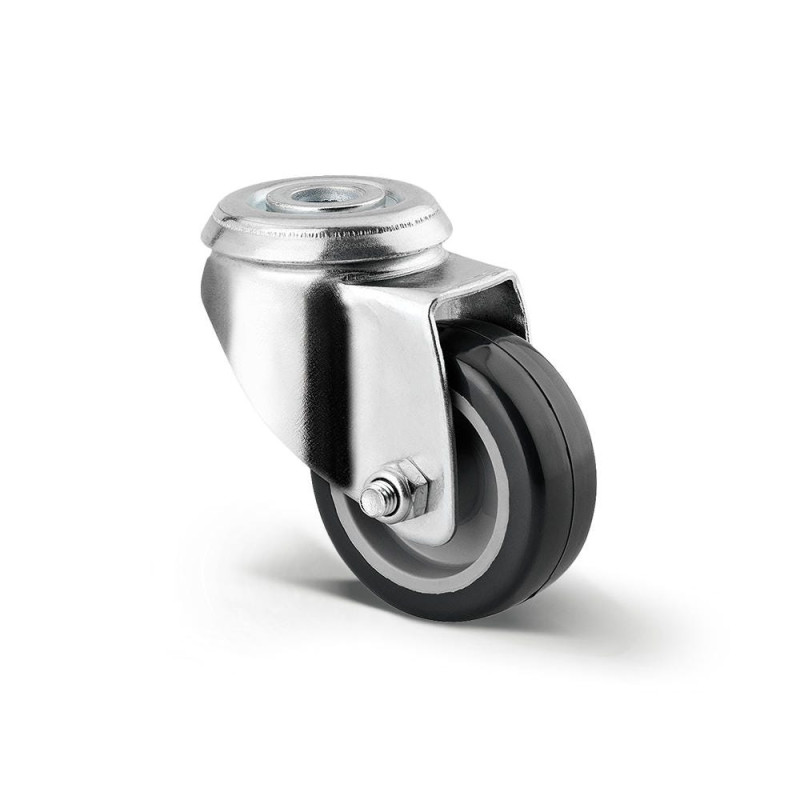 Roata pivotanta pentru carucior / mobila, din polipropilena + cauciuc, fara frana, cu alezaj, 75 mm, 60 kg Roata pivotanta pentru carucior / mobila, din polipropilena + cauciuc, fara frana, cu alezaj, 75 mm, 60 kg