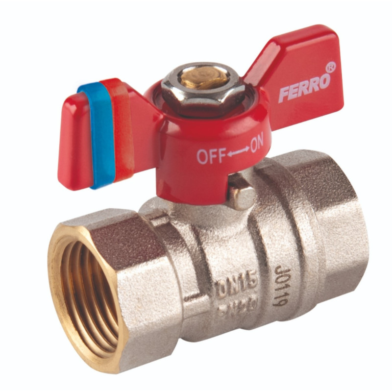 Robinet de trecere cu bila Ferro F-Comfort, alama, filet interior-interior, 3/4", PN20, maner fluture