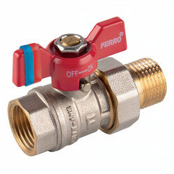 Robinet de trecere cu bila Ferro F-Comfort, cu racord olandez, alama, filet interior-exterior, 1", PN20, maner fluture