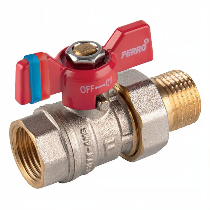 Robinet de trecere cu bila Ferro F-Comfort, cu racord olandez, alama, filet interior-exterior, 1", PN20, maner fluture