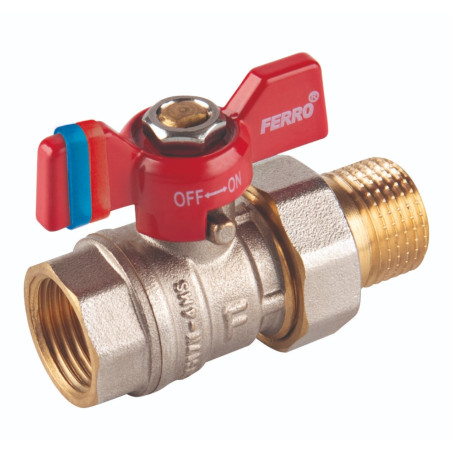 Robinet de trecere cu bila Ferro F-Comfort, cu racord olandez, alama, filet interior-exterior, 1/2", PN20, maner fluture
