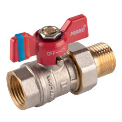 Robinet de trecere cu bila Ferro F-Comfort, cu racord olandez, alama, filet interior-exterior, 3/4", PN20, maner fluture
