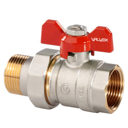 Robinet de trecere cu bila Valvex Oro, alama nichelata, cu racord olandez, DN 15, PN 16, maner fluture