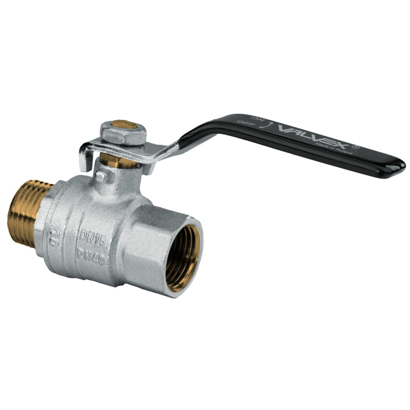 Robinet de trecere cu bila Valvex Tryton, alama nichelata, filet interior-exterior, DN 25, PN 40, cu maneta otel