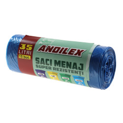 Saci menajeri / gunoi Andilex, super rezistenti, albastru, 35 L, 15 buc