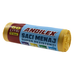 Saci menajeri / gunoi Andilex, super rezistenti, galben, 60 L, 15 buc