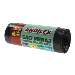 Saci menajeri / gunoi Andilex, super rezistenti, negru, 35 L, 15 buc
