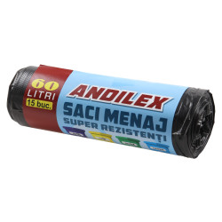 Saci menajeri / gunoi Andilex, super rezistenti, negru, 60 L, 15 buc