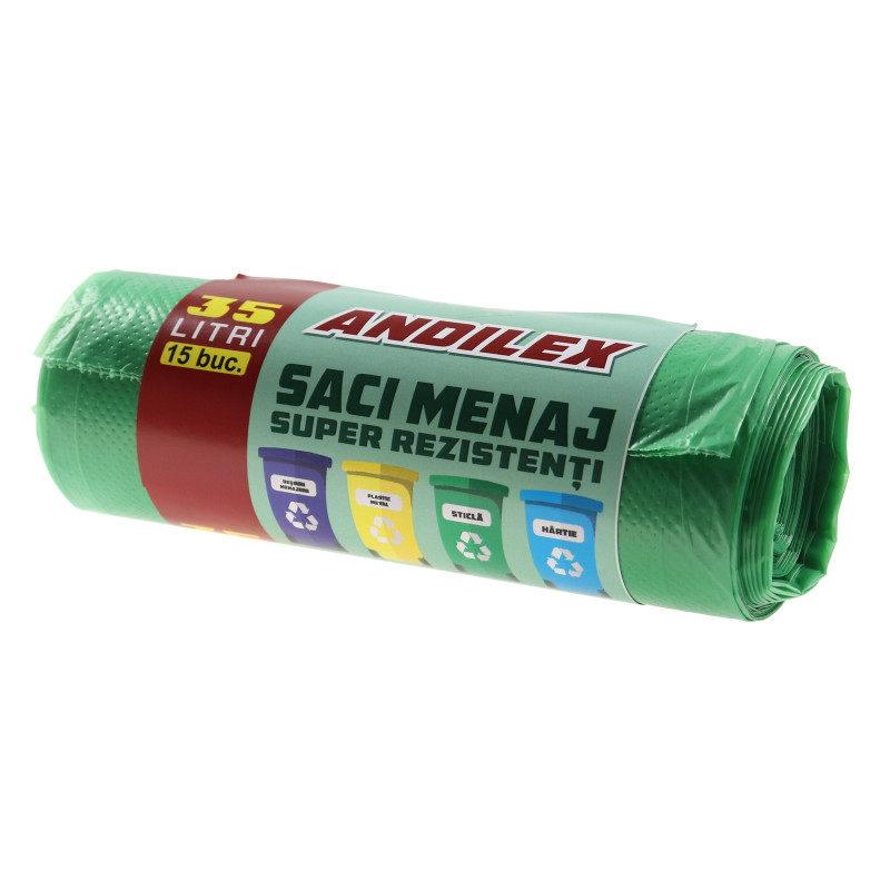 Saci menajeri / gunoi Andilex, super rezistenti, verde, 35 L, 15 buc