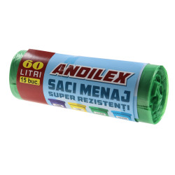 Saci menajeri / gunoi Andilex, super rezistenti, verde, 60 L, 15 buc