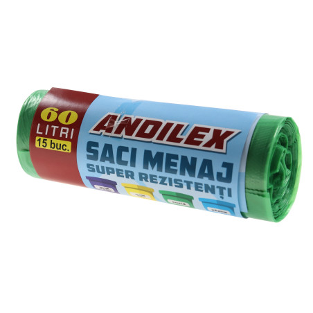 Saci menajeri / gunoi Andilex, super rezistenti, verde, 60 L, 15 buc