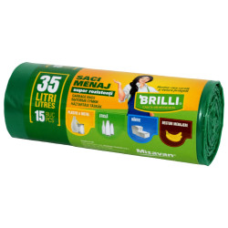Saci menajeri / gunoi Brilli, pentru colectare selectiva, super rezistenti, verde, 35L, 15 buc