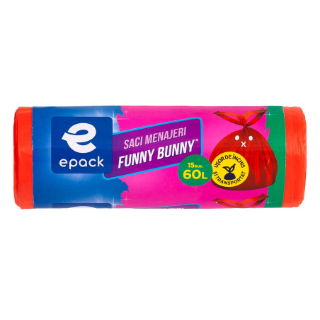 Saci menajeri / gunoi Epack Funny Bunny, cu manere, rosu, 60 L, 15 bucati