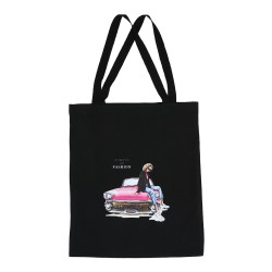 Sacosa din bumbac + poliester, Fashion, negru, cu imprimeu, 40 x 46 cm