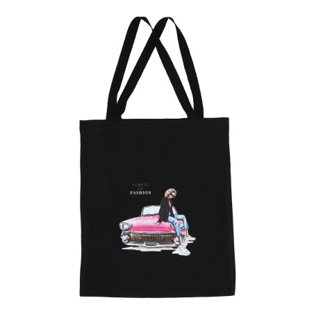 Sacosa din bumbac + poliester, Fashion, negru, cu imprimeu, 40 x 46 cm