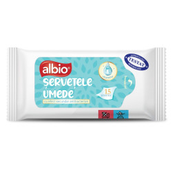 Servetele umede antibacteriene Albio, alb, 15 buc / pachet