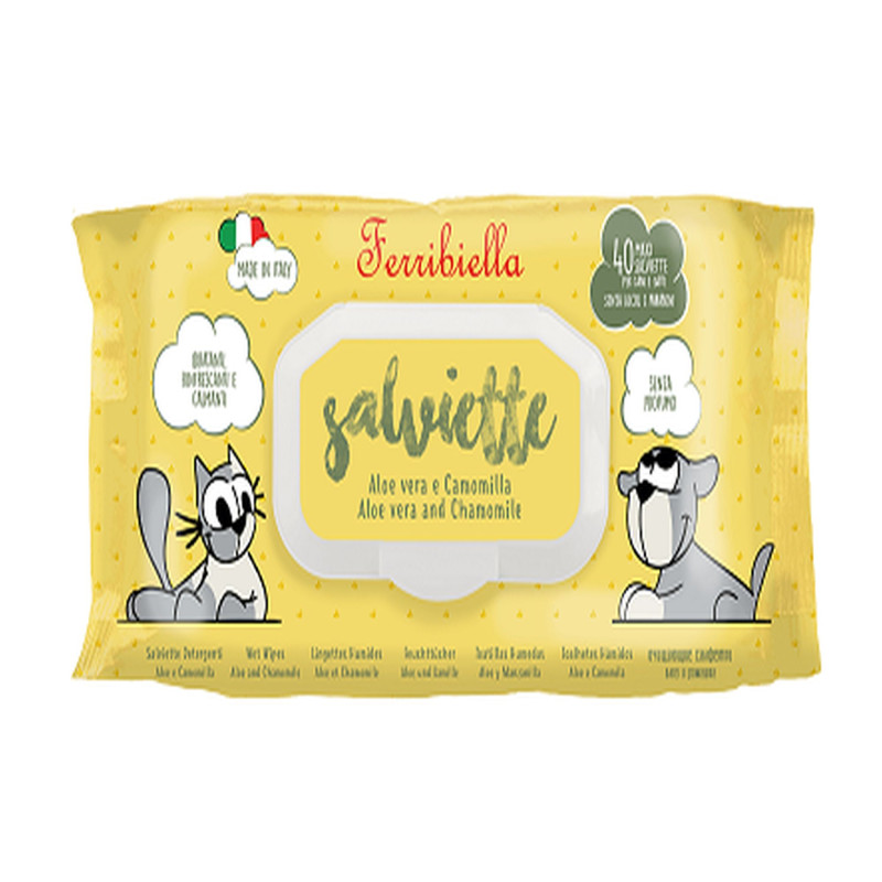 Servetele umede, antibacteriene, pentru caini / pisici, Ferribiella, cu aloe vera si musetel, 40 buc