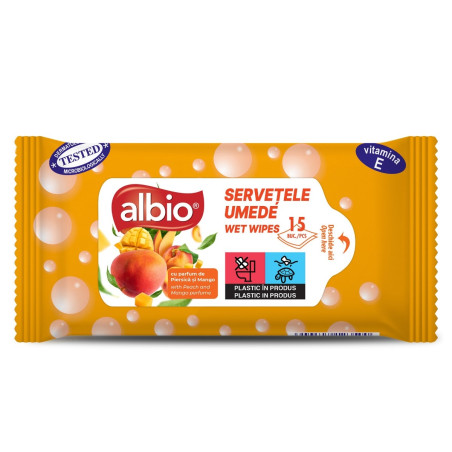 Servetele umede pentru maini Albio, piersica si mango, alb, 15 buc / pachet