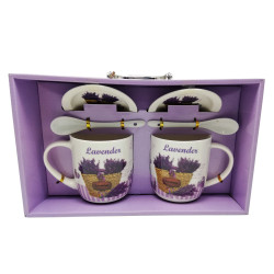 Set 2 cani, farfuriute si lingurite Lavanda, ceramica, 300 ml, diverse modele