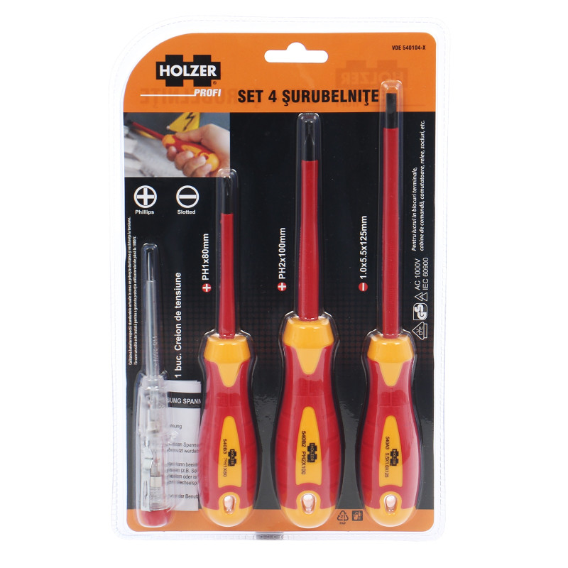 Set 4 surubelnite pentru electricieni, Holzer Profi VDE540104-X