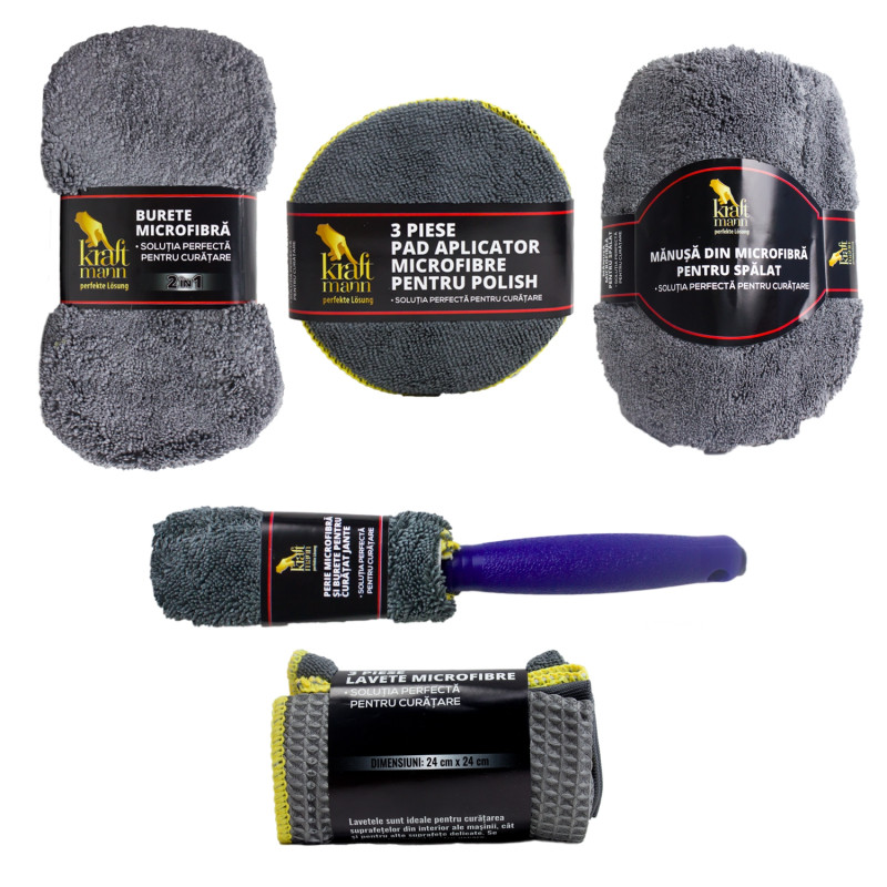 Set auto Kraftmann, pentru curatenie, microfibra, 9 piese