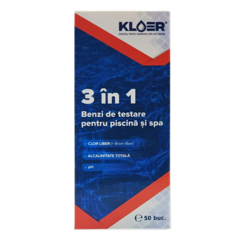 Benzi pentru analiza clor liber / pH / alcalinitate, pentru apa piscina, Kloer 3 in 1 Benzi pentru analiza clor liber / pH / alcalinitate, pentru apa piscina, Kloer 3 in 1