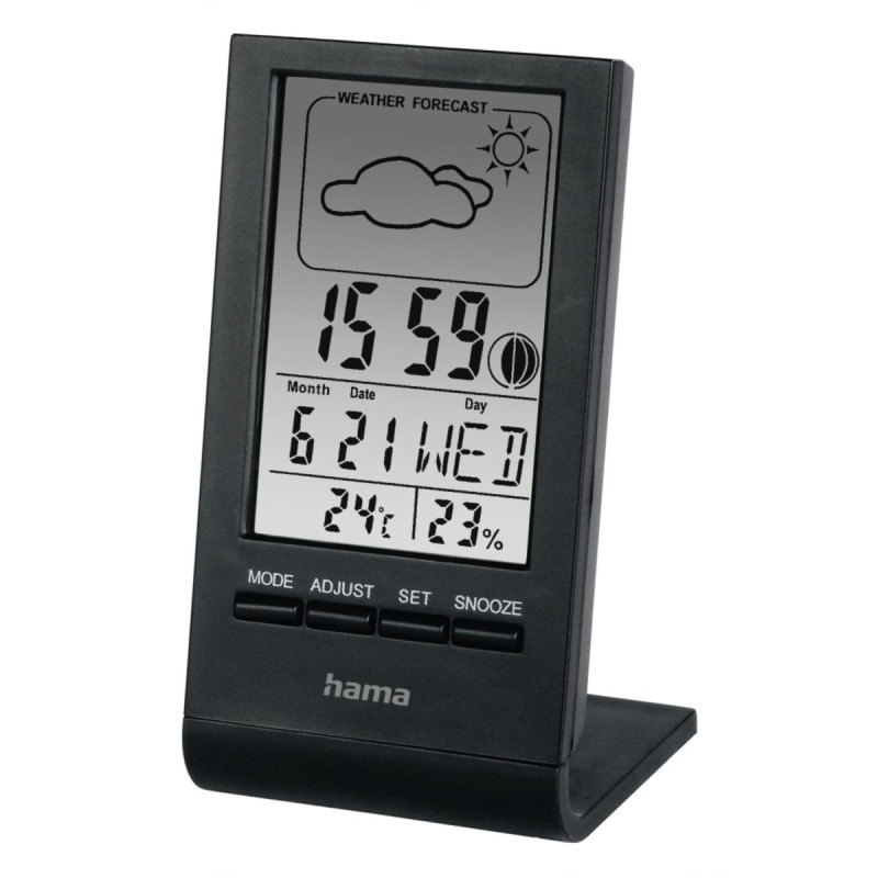 Statie meteo Hama TH-100, termometru, higrometru, ceas, data, cu indicator meteorologic, LCD, baterii, neagra