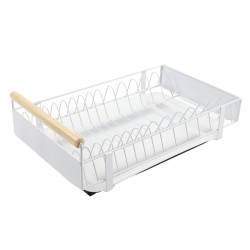 Suport bucatarie extensibil, pentru vase, WDJ-70076-WH, otel + lemn, alb, 41 x 24.5 x 13 cm