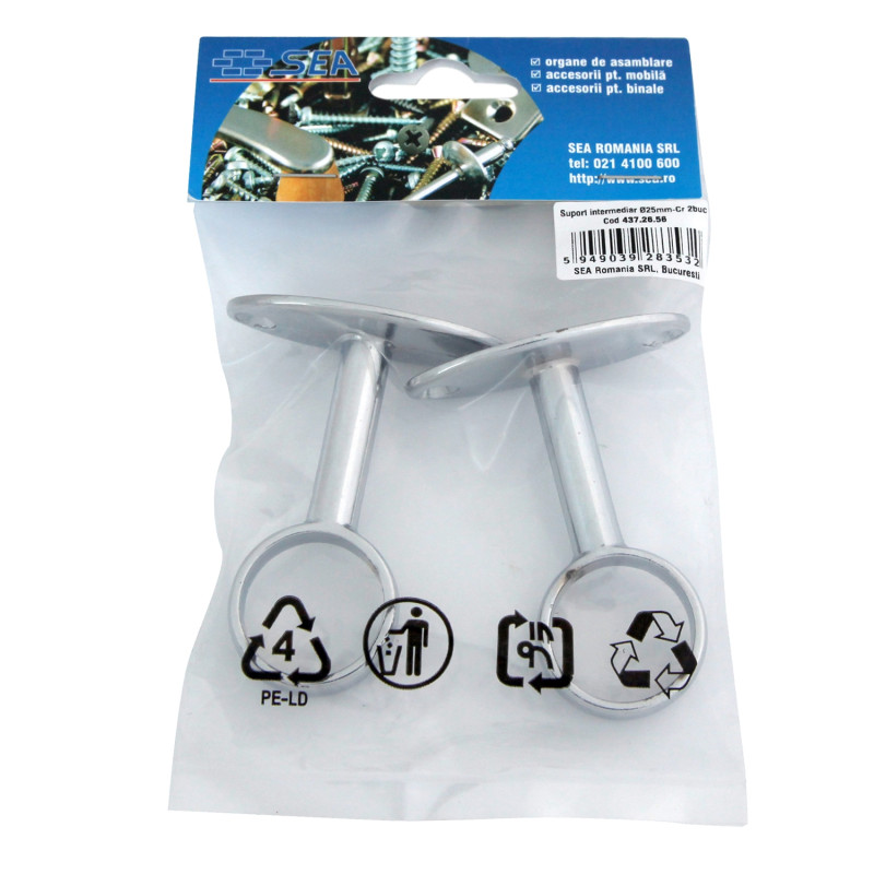 Suport metalic intermediar, pentru bara haine, D 25 mm, set 2 bucati
