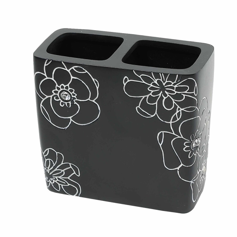 Suport periute dinti, Kadda Emotions BPO-0306B, polirasina, model floral, negru / alb, 11.4 x 5.2 x 9.8 cm