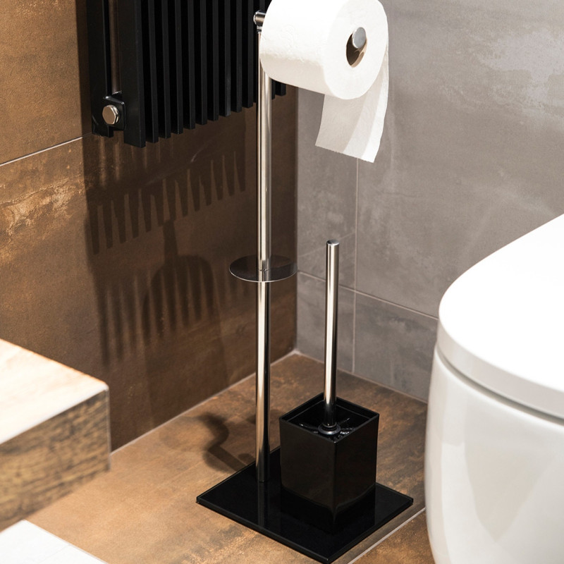 Suport stativ hartie igienica, perie WC inclusa, AWD02071617, fara clapeta, cromat + negru, 66 x 22 x 18 cm Suport stativ hartie igienica, perie WC inclusa, AWD02071617, fara clapeta, cromat + negru, 66 x 22 x 18 cm