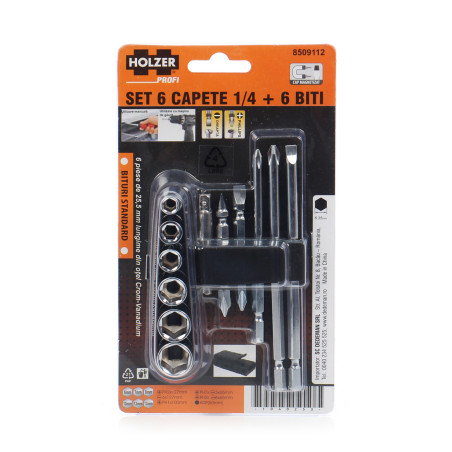 Biti pentru insurubare, 1/4, Holzer Profi, set 6 bucati + 6 capete chei hexagonale