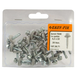 Surub autoforant pentru tabla, cu cap hexagonal + saiba EPDM, Easy-Fix, din otel, zincat alb, 4.2 x 22 mm, set 25 bucati