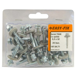 Surub autoforant pentru tabla, cu cap hexagonal + saiba EPDM, Easy-Fix, din otel, zincat alb, 5.5 x 32 mm, set 25 bucati