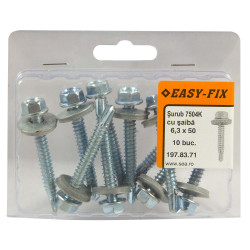 Surub autoforant pentru tabla, cu cap hexagonal + saiba EPDM, Easy-Fix, din otel, zincat alb, 6.3 x 50 mm, set 10 bucati