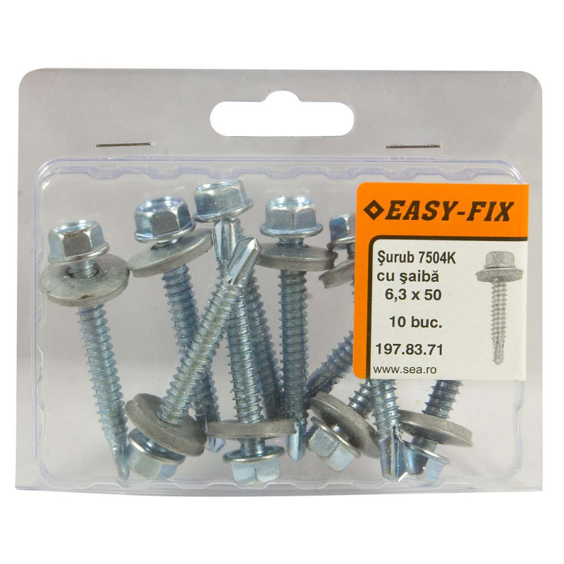 Surub autoforant pentru tabla, cu cap hexagonal + saiba EPDM, Easy-Fix, din otel, zincat alb, 6.3 x 50 mm, set 10 bucati Surub autoforant pentru tabla, cu cap hexagonal + saiba EPDM, Easy-Fix, din otel, zincat alb, 6.3 x 50 mm, set 10 bucati