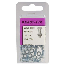 Surub cu cap bombat, amprenta cruce, cu piulita, Easy-Fix, otel, zincat alb, M4 x 10 mm, set 16 bucati