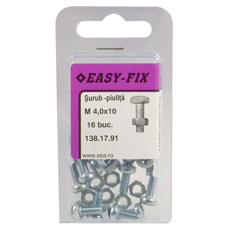 Surub cu cap bombat, amprenta cruce, cu piulita, Easy-Fix, otel, zincat alb, M4 x 10 mm, set 16 bucati Surub cu cap bombat, amprenta cruce, cu piulita, Easy-Fix, otel, zincat alb, M4 x 10 mm, set 16 bucati